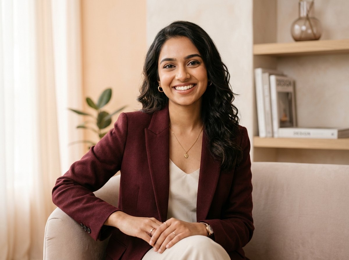Devika — Digital Marketing Expert in elegant maroon blazer