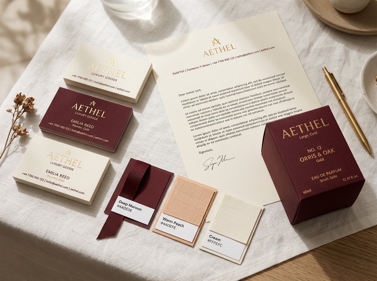 Aethel Luxury Goods minimalist brand identity package